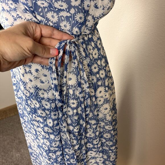 Urban Outfitters Dress Womens Medium Jessica Cap Sleeve Floral Wrap Midi Blue - Picture 5 of 16